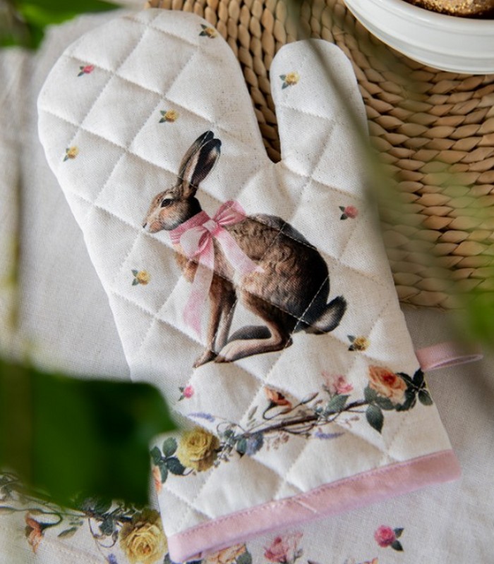 Guanto forno in cotone decorato con lepre con fiocco rosa in ghirlanda, perfetto come regalo di Pasqua